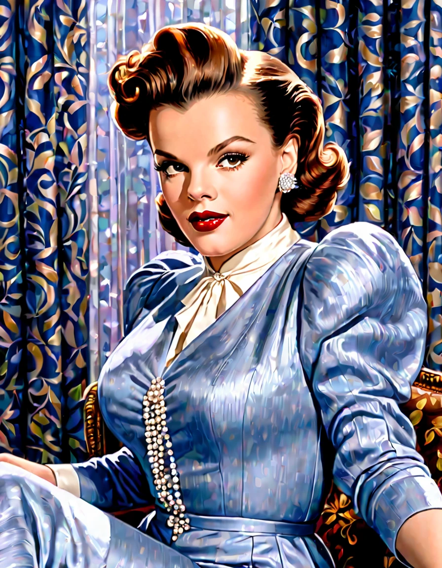 Create a contemporary and stylish interpretation of Judy Garland, blending classic features with a modern aesthetic. Imagine her in a chic and fashionable setting, incorporating elements of current fashion trends while maintaining the essence of Judy's timeless beauty. Strive for a portrait that captures both her iconic legacy and a fresh, contemporary allure.