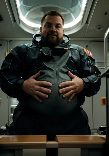 The captain of the astronauts is a plump, chubby man, extremely thick thighs, a large belly, fat. Passing inside the spaceship laboratory , he checks an analysis under the microscope. His arms are holding digital analysis devices. He wears a spacesuit. A humanoid creature similar to a lizard and fish talks to the astronaut. Ele está segurando ferramentas para casa consertar algo.