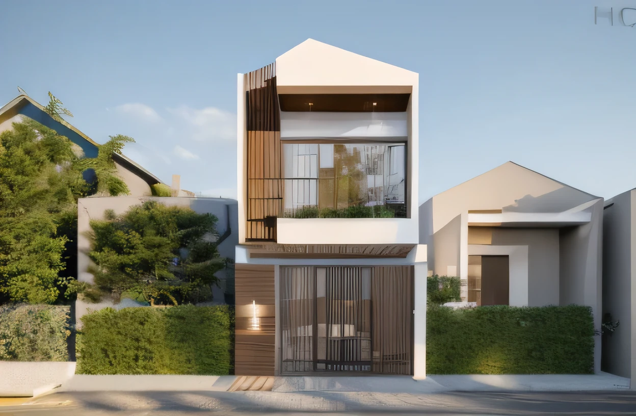 Townhouse in city, daylight , ,warm light, (sharp focus) front view of townhouse in style of modern, VietNam,facade, beautiful facade,xingfa windown,narrow and long ,mutual colours, soft lighting, warm atmosphere,high Resolution, hyper detailed,4k ,vray render, hyper realistic, photography expert ,exterior design , professional photography, exterior photography,wide-angle shot , ultra detail , high Resolution , full frame, trees in bancony, , fence wall ti