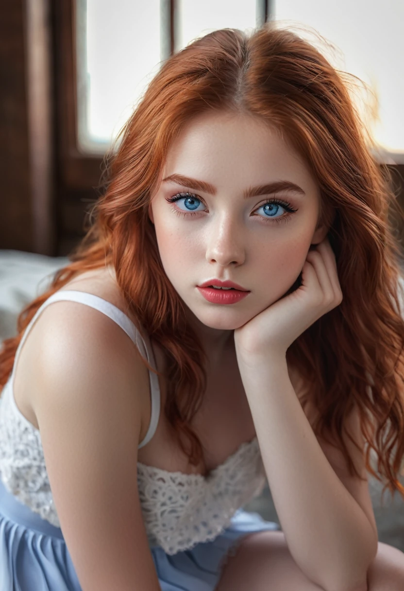 a teenage girl, beautiful detailed eyes, beautiful detailed lips, extremely detailed eyes and face, long eyelashes, 16 years old, red hair with white gray, , skirt, panties visible, sitting, sexy, hope on face, blue eyes, (best quality,4k,8k,highres,masterpiece:1.2),ultra-detailed,(realistic,photorealistic,photo-realistic:1.37),cinematic portrait, dramatic lighting, warm color tones