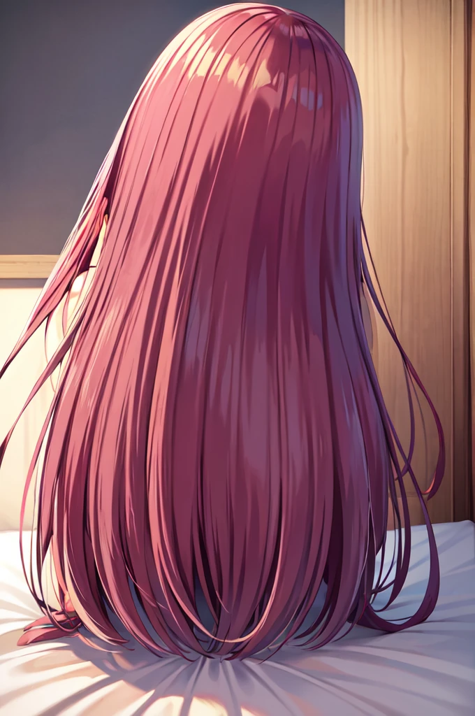Masterpiece, best quality, highres, close up, red hair, yellow eyes, long hair, blush, huge breaast, ((hair down)), very long hair, indoors, from side, ass, (prone position), bed, sweating, sideboobs, grin, nude
