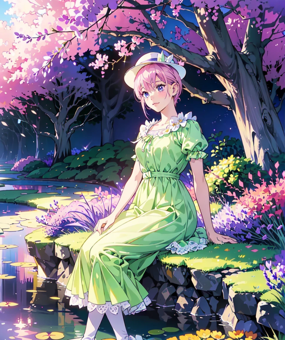 Ichika nakano, dressed as sweetie belle from my little pony, solo, 1 girl, in a mythical garden: 2.0, (pink hair, coil curls: 2.5, dark blue heavenly eyes: 1.5, wearing a green and white dress, happy: 1.5, soft smile, her surroundings are ethereal, ((ultra realistic high quality top quality 4k)),: 3.0, bright sunny day: 1.urple and green flowers everywhere: 3.2, bushes, POND WITH LILY PADS: 3.0, jacaranda trees: 2.0, highly detailed jacaranda trees, green grass: 1.3, wearing a white summer hat with purple ribbon, summer dress with flower patterns, dainty features: 2.0,  like features: 2.0 two white cat ears: 1.0, ONE WHITE THIN THIN REALLY THIN HORN ON HER FOREHEAD, two white cat ears, pure white skin, green thigh high, highly detailed legging, purple heel, shiny hair, slightly shiny skin, sun rise, morning, shining ponds, lavender flower everywhere, shining eyes, soft gentle smile cute pink soft light blush,