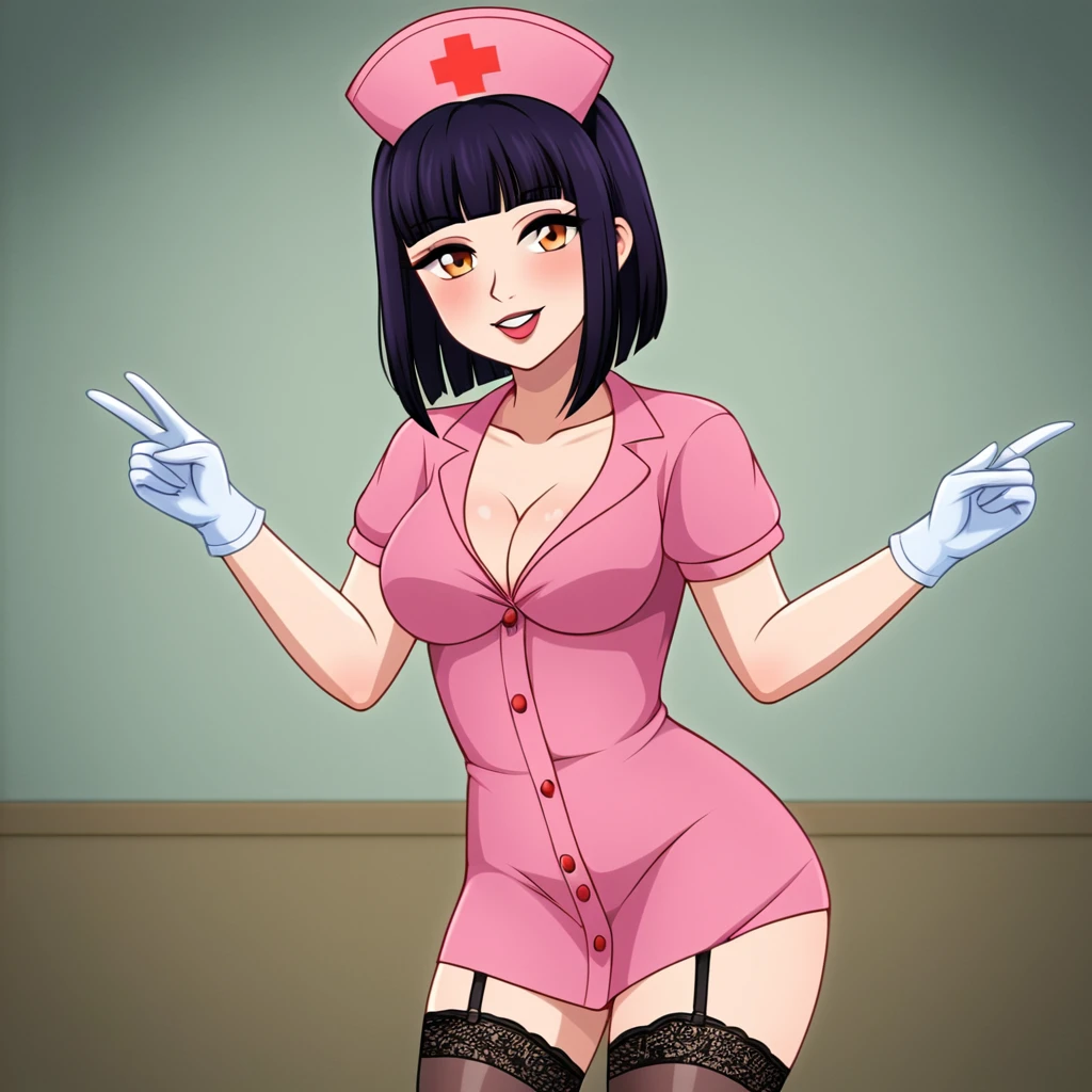 In a dimly lit hospital room, a sultry young female nurse stands out against the somber backdrop. Dressed in lacy lingerie, thigh-high stockings, and a nurse's cap, she exudes seductive mystery. Soft, warm glow illuminates her low-cut pink top showcasing ample cleavage, while white gloves add sophistication. Her gaze invites the viewer to step into her world. Ornate medical equipment and eerie shadows hint at gothic horror elements in the background. The nurse's cap and white gloves nod to darker undertones, balancing provocative themes with elegance.