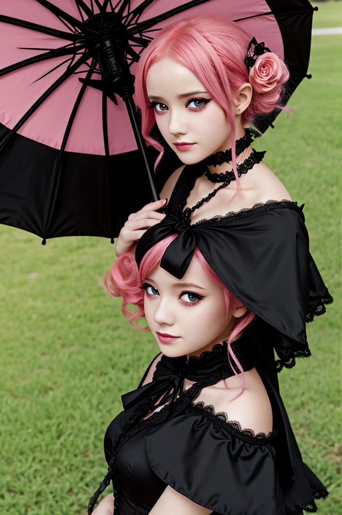 girl in black dress with a black laced parasol goth anime red eyes pink hair