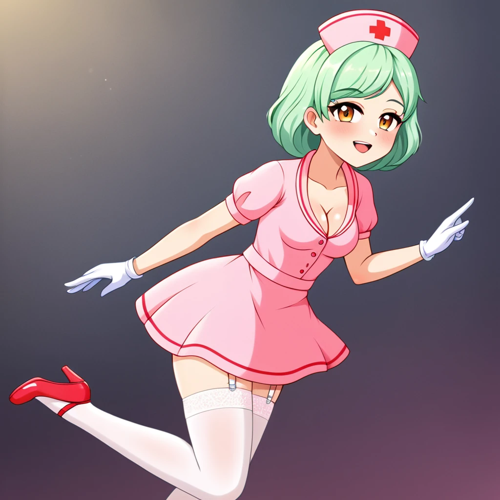 In a dimly lit hospital room, a sultry young female nurse stands out against the somber backdrop. Dressed in lacy lingerie, thigh-high stockings, and a nurse's cap, she exudes seductive mystery. Soft, warm glow illuminates her low-cut pink top showcasing ample cleavage, while white gloves add sophistication. Her gaze invites the viewer to step into her world. Ornate medical equipment and eerie shadows hint at gothic horror elements in the background. The nurse's cap and white gloves nod to darker undertones, balancing provocative themes with elegance.