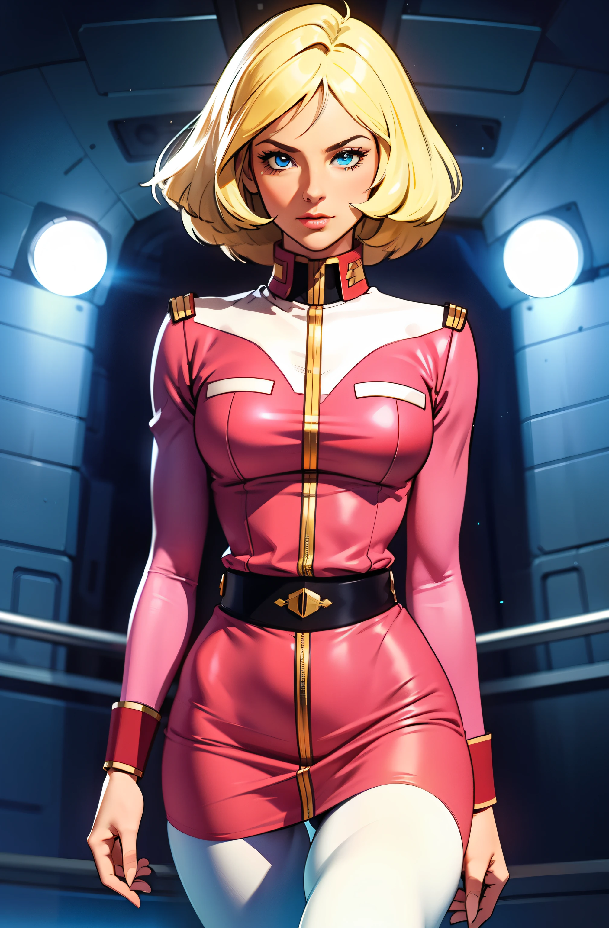 ((masterpiece)), ((cinematic lighting)), realistic photo、Real Images、Top image quality、1girl in, sayla mass, Elegant, masterpiece, Convoluted, slim arms, wide hips, thick thighs, thigh gaps, Best Quality, absurderes, high face detail, Perfect eyes, mature, Cowboy Shot, , Vibrant colors, soft pink uniform, soft pink Skirt, white tights