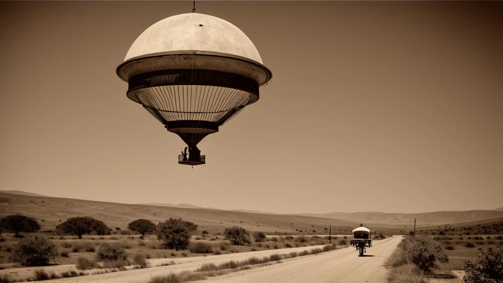 Wide aspect ratio, 1920s old analog photo, damaged old film, grainy, blurry, B&W Sepia tone, of a 3 meters diameter alien flying saucer U.F.O. hovering 1 meters above the ground, in the middle of the Oaxacan Mountains in San José del Pacífico, 3 Mexican  cowboys witness with astonishment. Liminal, Dystopian, hyperdetailed, real, 