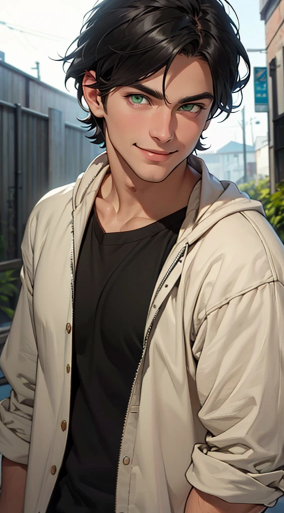 A very handsome white man with short black hair and green eyes is facing me in casual clothes (best quality ultra HD 8K, he is giving a slight smile. The image must show the entire body