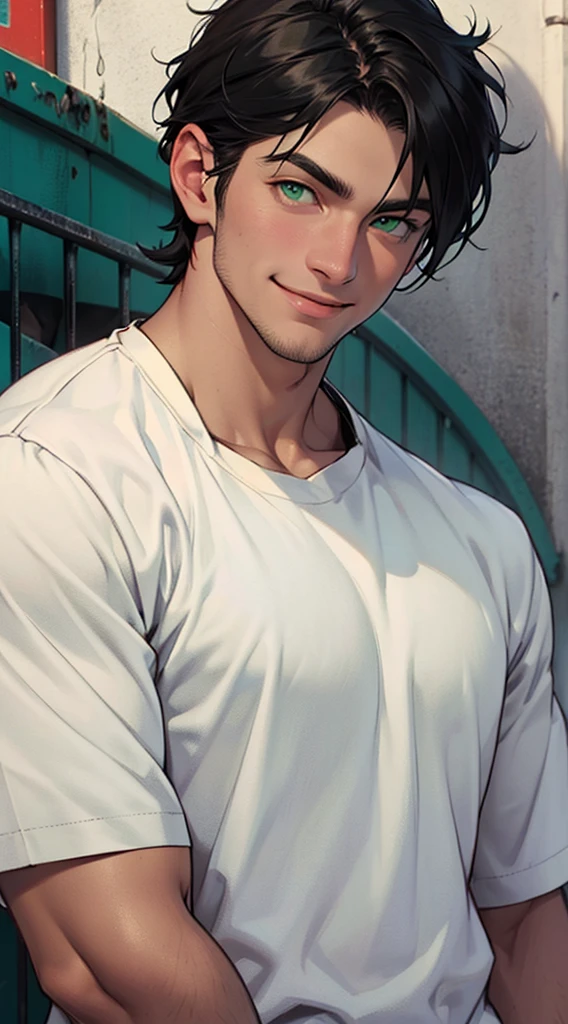 A very handsome white man with short black hair and green eyes is facing me in casual clothes (best quality ultra HD 8K, he is giving a slight smile. The image must show the entire body