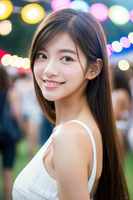 White tank top,  Summer Festival Night Shop, High school freshman, ((whole body)), ((photograph)), ((Highest quality, 8K, masterpiece:1.3)), concentrated:1.2, perfect figure beautiful girl:1.4, One girl, Cowboy Shot, View the viewer, Unbelievably absurd, beautiful and cute girl with a photographrealistic face, Highest qualityの職人技を披露, A Japanese girl walking while looking at the food stalls at a summer festival, 15 years old, Straight hair 100cm below shoulders, Light brown hair color, Shiny Hair, Bangs cut straight above the eyes, Hair is tucked behind the ears, Soft round face, big almond-shaped eyes, Light brown eye color, Long eyelashes, thin and Neat eyebrows, A small nose with a straight bridge, Cherry colored lips, Bright smile, White teeth, Smooth Skin, Fair skin, Light pigmentation, freckles, average length, Flexible body, Balanced proportions, Small A cup breasts, beautiful girl, Neat, Moe, Hilarious, Curious, Friendly, Polite, Responsible Party, I like festivals and events, August,Super long hair、Beautiful Long Hair、Thigh-length hair、Lying on her back in bed, sleeping in bed, looking a little sleepy, with her hair spread out carelessly,
