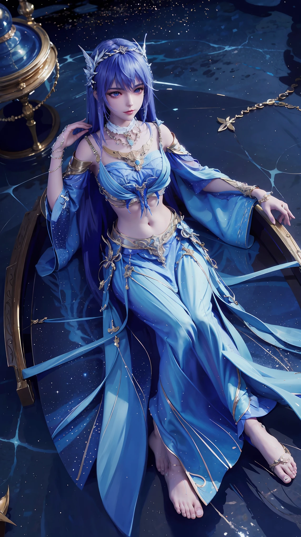一个穿着连衣裙的女孩躺在Starry Sky下的床上,Exquisite smile,Beautiful and delicate eyes,Beautiful and delicate lips,Extremely detailed face and eyes,Long eyelashes,Full body,Flowing hair,belly button,best quality,excellent work,Super,(Reality:1.4),RAW photos,(Beautiful face:1.2),(Lying on the water:1.5),1 girl,(absurd),(8K), (4K),Octane Rendering,Starry Sky,((Full body view)),barefoot,Cross-legged