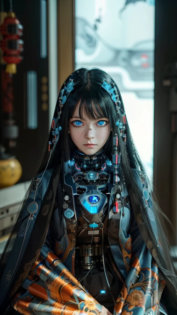 Ultra-detailed, master piece, best quality, high resolution,  detailed eyes, detailed face, (Neo Tokyo:1.5), (Cyberpunk:1.5), (Fusion with Machine:1.5), ************, very pretty and beautiful, girl with mysterious atmosphere, ghost,  in appearance, graceful in traditional Japanese costume and design, (beautiful light blue eyes:1.5), (light blue plasma around her:1.5), bio-mechanical, traditional Japanese room with elegance, long black hair, bangs, face, hands, design and (light blue plasma surrounds), biomechanical, Japanese traditional noble Japanese room, long black hair, bangs, face, hands, designs and decorations are detailed and clearly drawn, ultra realistic and realistic image with super high resolution