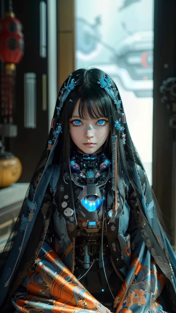 Ultra-detailed, master piece, best quality, high resolution,  detailed eyes, detailed face, (Neo Tokyo:1.5), (Cyberpunk:1.5), (Fusion with Machine:1.5), ************, very pretty and beautiful, girl with mysterious atmosphere, ghost,  in appearance, graceful in traditional Japanese costume and design, (beautiful light blue eyes:1.5), (light blue plasma around her:1.5), bio-mechanical, traditional Japanese room with elegance, long black hair, bangs, face, hands, design and (light blue plasma surrounds), biomechanical, Japanese traditional noble Japanese room, long black hair, bangs, face, hands, designs and decorations are detailed and clearly drawn, ultra realistic and realistic image with super high resolution