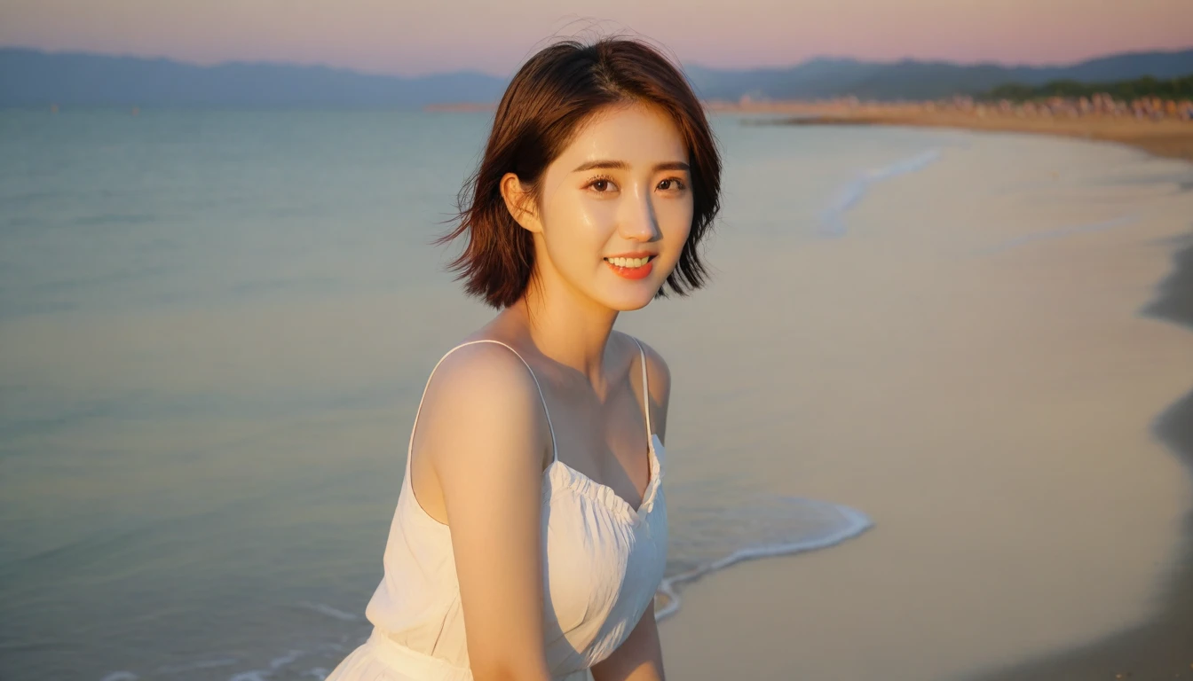 Beautiful Korean Woman, Chest size 34 inches, Wear sleeveless, light skirts, Looking at the sea from the beach at sunset. beautiful pretty woman look , wearing a light skirt , Go into the sea water and soak your feet, wet,burning sunset light, Short medium hair blowing in the wind, 1 woman, beautiful eyes, A slight smile, uhd