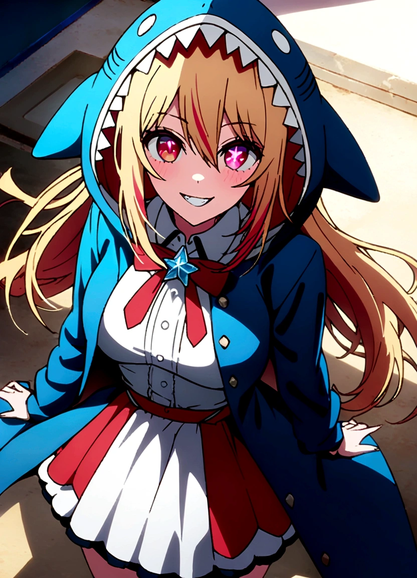 (A girl wearing a very large shark hood), hoshinoruby, star-shaped pupils, ruby_hoshino, idol, blonde hair, bangs, 1girl, pink eyes, looking at viewer, red eyes, streaked hair, best quality, masterpiece, high quality, extremely detailed CG unity 8k wallpaper, Furry, (fantastic and mysterious), amusement park, delicate background, luminous particles, complex details, (grin), from above,