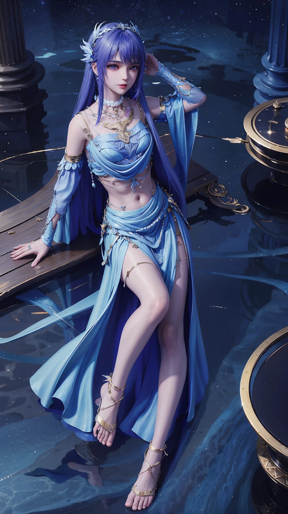 一个穿着连衣裙的女孩躺在Starry Sky下的床上,Exquisite smile,Beautiful and delicate eyes,Beautiful and delicate lips,Extremely detailed face and eyes,Long eyelashes,Full body,Flowing hair,belly button,best quality,excellent work,Super,(Reality:1.4),RAW photos,(Beautiful face:1.2),(Lying on the water:1.5),1 girl,(absurd),(8K), (4K),Octane Rendering,Starry Sky,((Full body view)),barefoot,Cross-legged