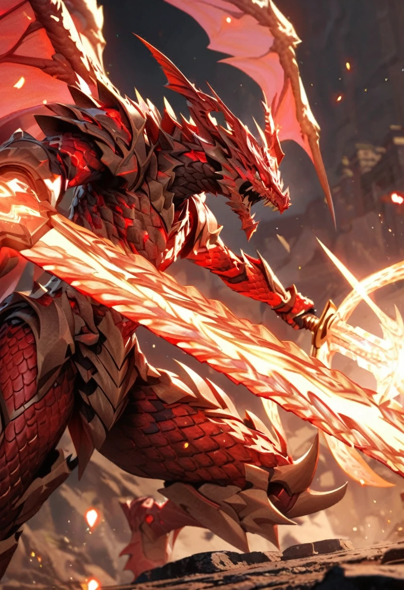 extremely detailed human warrior wearing wielding a shortsword made of light red dragon scales with small light red draconic wings