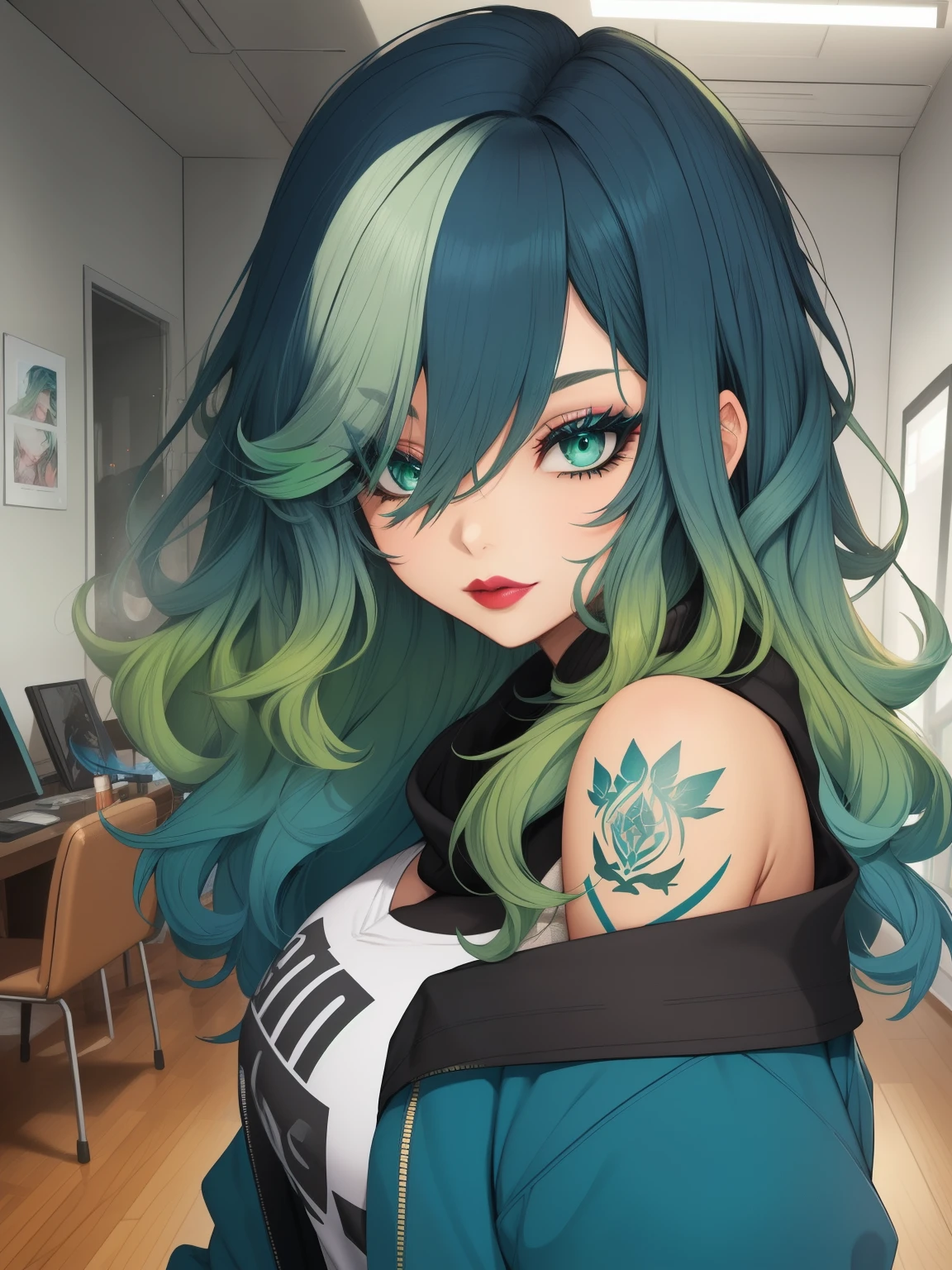 masterpiece, adult, green hair, blue themed room, woman with green to blue ombre hair, lipstick, tattoos, bangs, curly hair, eye shadow, smoky eyes, smokey eyes, sweatshirt, off the shoulder, very long hair