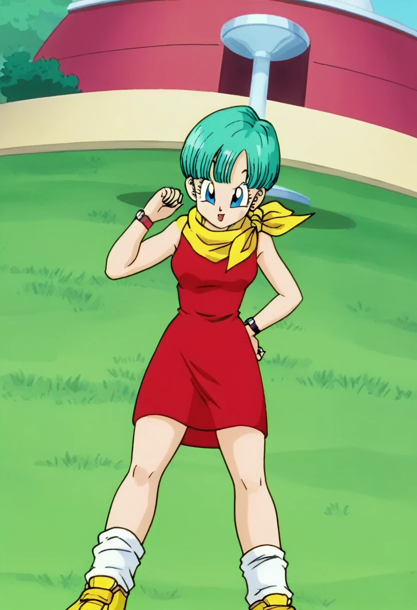 fountain_cheered up, score_9, score_8_above, score_7_above, cheered up screencap,
BULMA, 1 girl, Alone, buu saga, aquamarine hair, very short hair, bowl cut, Blue eyes, wristwatch, yellow scarf, Red dress, sleeveless, loose socks, Yellow sneakers, Grass, Field, from below,
 