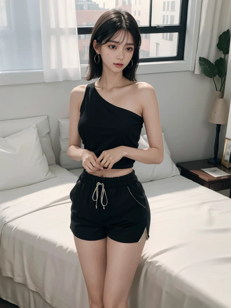 absurdres, RAW photo, extremely delicate and beautiful, masterpiece, Best Quality, ultra high resolution, 32k, hyperrealistic, ultra-detailed, in her 20s, delicate facial features, beautiful detailed girl, tearful mole, earring, medium breasts, full body shot, shorter middle hair, black hair, Joggers Shorts, bare shoulder,