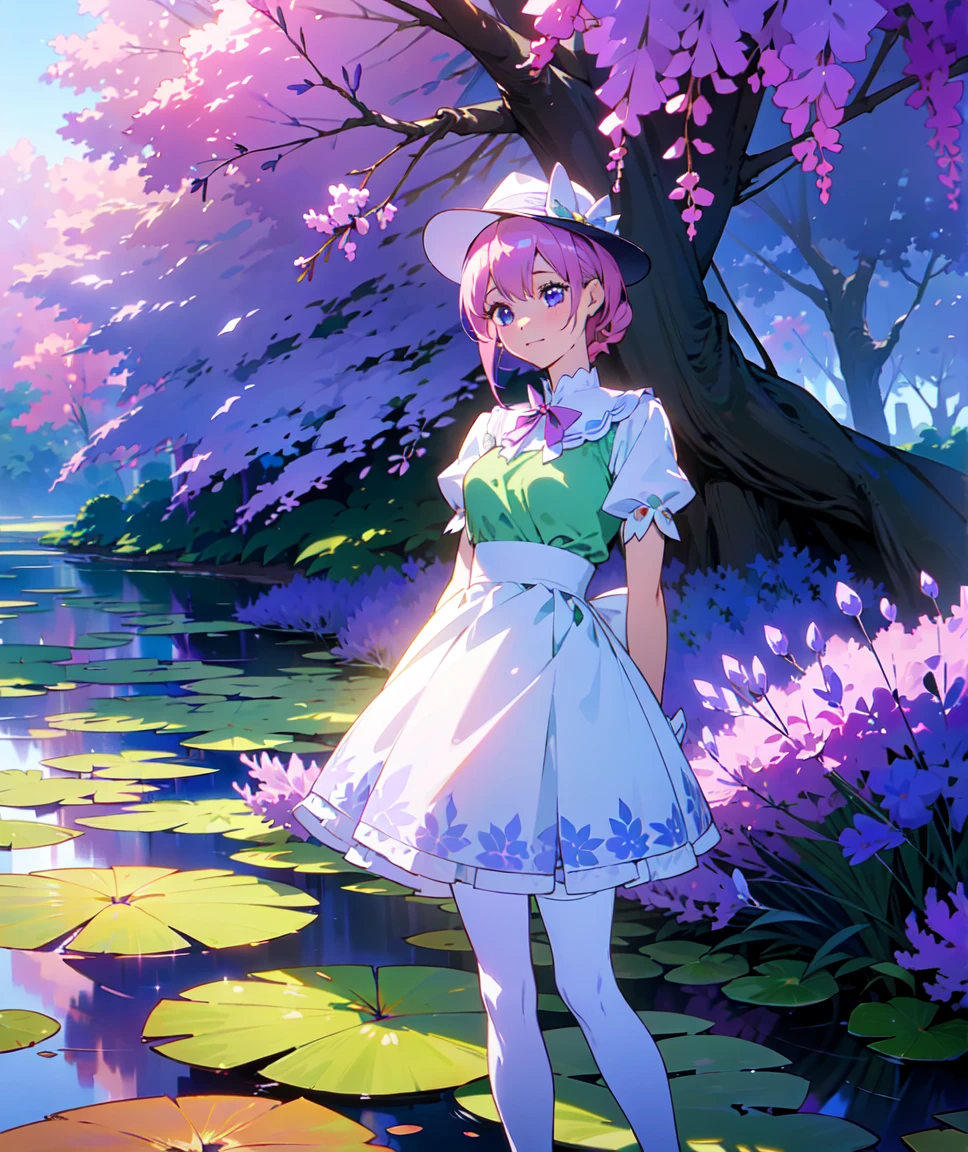 Ichika nakano, dressed as sweetie belle from my little pony, solo, 1 girl, in a mythical garden: 2.0, (pink hair, coil curls: 2.5, dark blue heavenly eyes: 1.5, wearing a green and white dress, happy: 1.5, soft smile, her surroundings are ethereal, ((ultra realistic high quality top quality 4k)),: 3.0, bright sunny day: 1.urple and green flowers everywhere: 3.2, bushes, POND WITH LILY PADS: 3.0, jacaranda trees: 2.0, highly detailed jacaranda trees, green grass: 1.3, wearing a white summer hat with purple ribbon, summer dress with flower patterns, dainty features: 2.0,  like features: 2.0 two white cat ears: 1.0, ONE WHITE THIN THIN REALLY THIN HORN ON HER FOREHEAD, two white cat ears, pure white skin, green thigh high, highly detailed legging, purple heel, shiny hair, slightly shiny skin, sun rise, morning, shining ponds, lavender flower everywhere, shining eyes, soft gentle smile cute pink soft light blush,