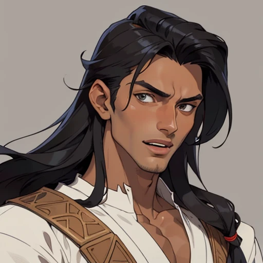 (masterpiece), (best quality),(portrait),(bust up),1boy,solo,(sharp focus),((look at viewer)),(tanned skin),open-mouthed,adult,Arabs,long hair,(ancient:1),ancient luxurious long clothes,old school fantasy art,((simple background)),super shiny face,Ultra Glossy Skin,