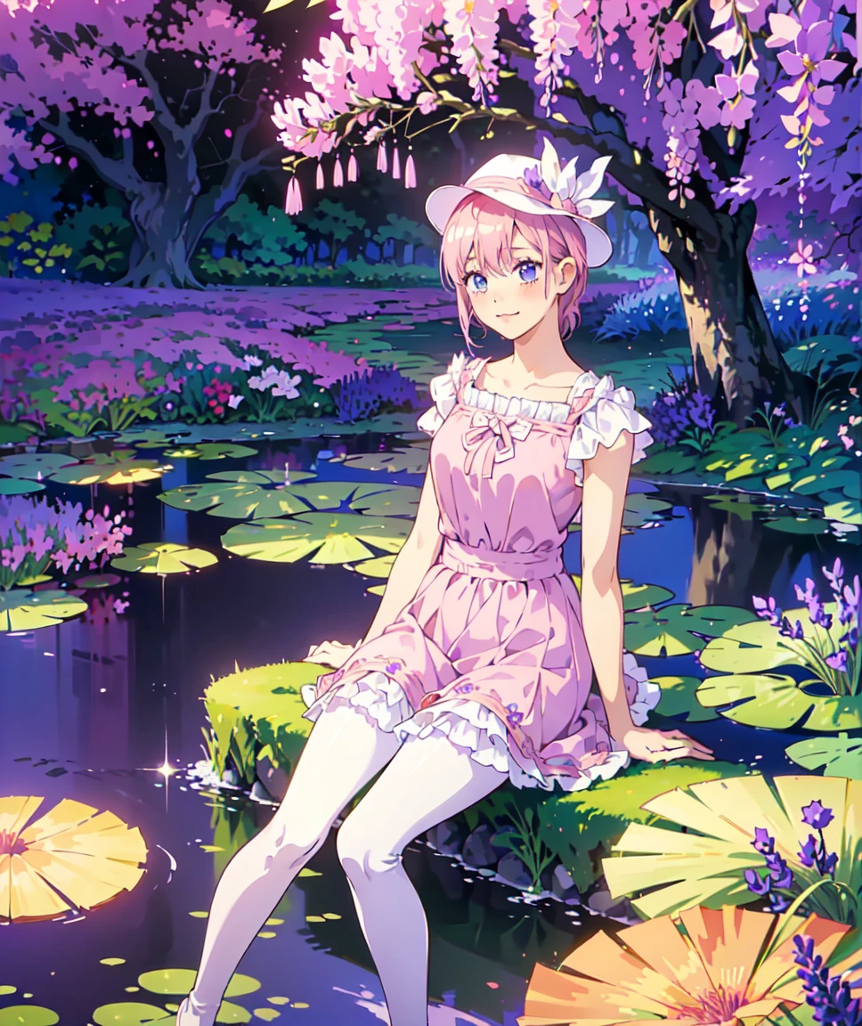 Ichika nakano, dressed as sweetie belle from my little pony, solo, 1 girl, in a mythical garden: 2.0, (pink hair, coil curls: 2.5, dark blue heavenly eyes: 1.5, wearing a green and white dress, happy: 1.5, soft smile, her surroundings are ethereal, ((ultra realistic high quality top quality 4k)),: 3.0, bright sunny day: 1.urple and green flowers everywhere: 3.2, bushes, POND WITH LILY PADS: 3.0, jacaranda trees: 2.0, highly detailed jacaranda trees, green grass: 1.3, wearing a white summer hat with purple ribbon, summer dress with flower patterns, dainty features: 2.0,  like features: 2.0 two white cat ears: 1.0, ONE WHITE THIN THIN REALLY THIN HORN ON HER FOREHEAD, two white cat ears, pure white skin, green thigh high, highly detailed legging, purple heel, shiny hair, slightly shiny skin, sun rise, morning, shining ponds, lavender flower everywhere, shining eyes, soft gentle smile cute pink soft light blush,