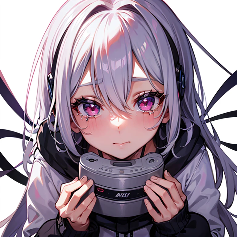 Pretty anime girl with smeared mascara from crying on a call with a retro cell phone, white background with focus on his face