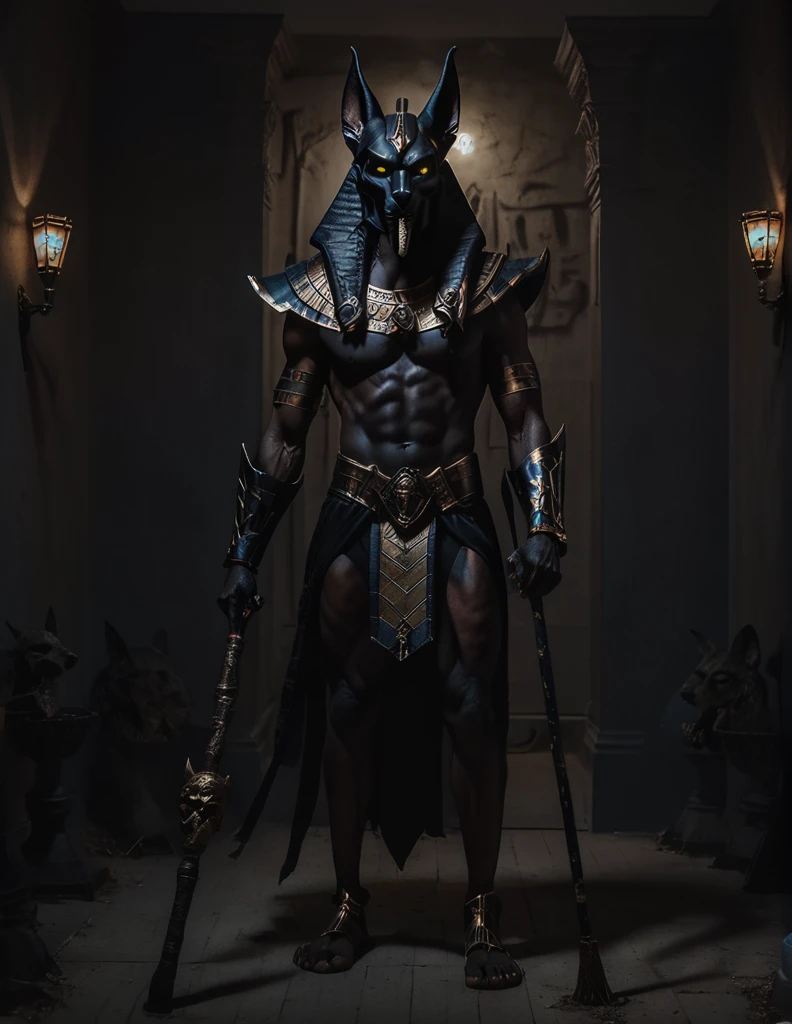 a man dressed as realistic Anubis halloween costume design, intimidating psychopathic man, anubis mask, dark energy, black costume, zumbi style, holding a staff, full body highly detailed, cinematic lighting, dramatic atmosphere party entrance, photorealistic, 8K, masterpiece