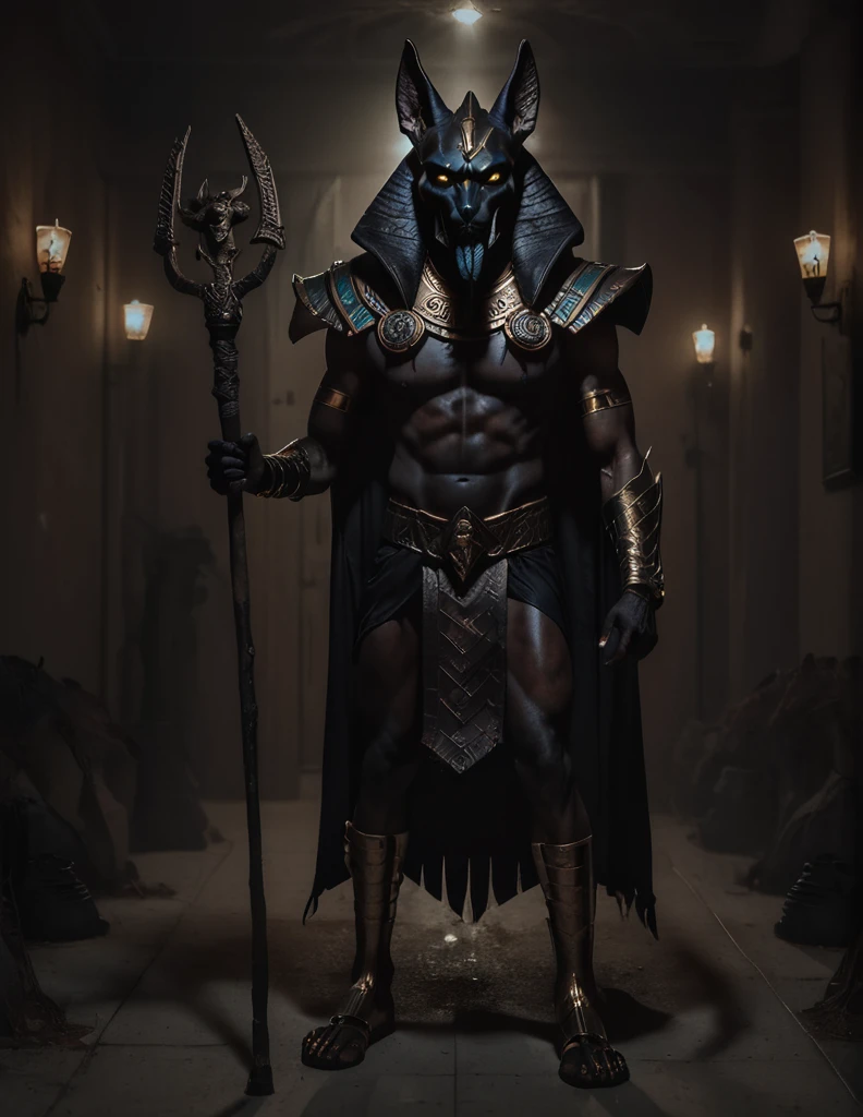 a man dressed as realistic Anubis halloween costume design, intimidating psychopathic man, anubis mask, dark energy, black costume, zumbi style, holding a staff, full body highly detailed, cinematic lighting, dramatic atmosphere party entrance, photorealistic, 8K, masterpiece