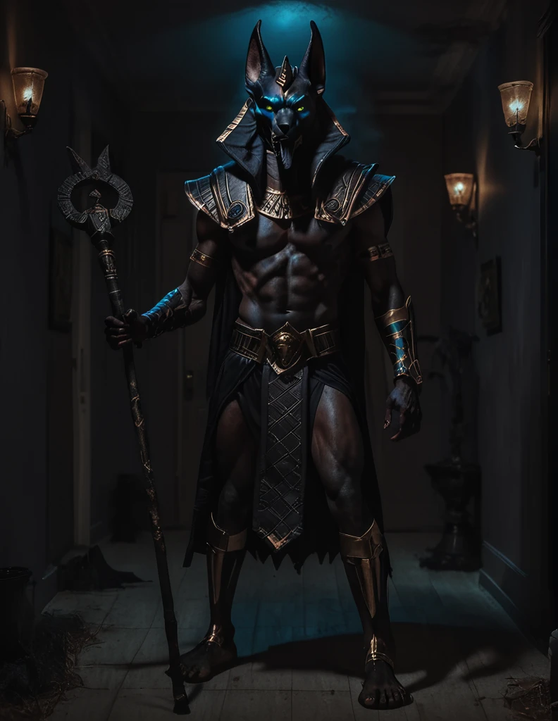 a man dressed as realistic Anubis halloween costume design, intimidating psychopathic man, anubis mask, dark energy, black costume, zumbi style, holding a staff, full body highly detailed, cinematic lighting, dramatic atmosphere party entrance, photorealistic, 8K, masterpiece