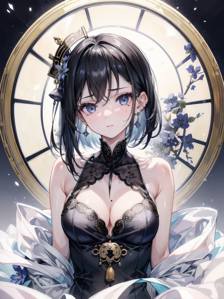 absurdres, RAW photo, extremely delicate and beautiful, masterpiece, Best Quality, ultra high resolution, 32k, hyperrealistic, ultra-detailed, in her 20s, delicate facial features, beautiful detailed girl, tearful mole, earring, medium breasts, full body shot, shorter middle hair, black hair, jiangshi,