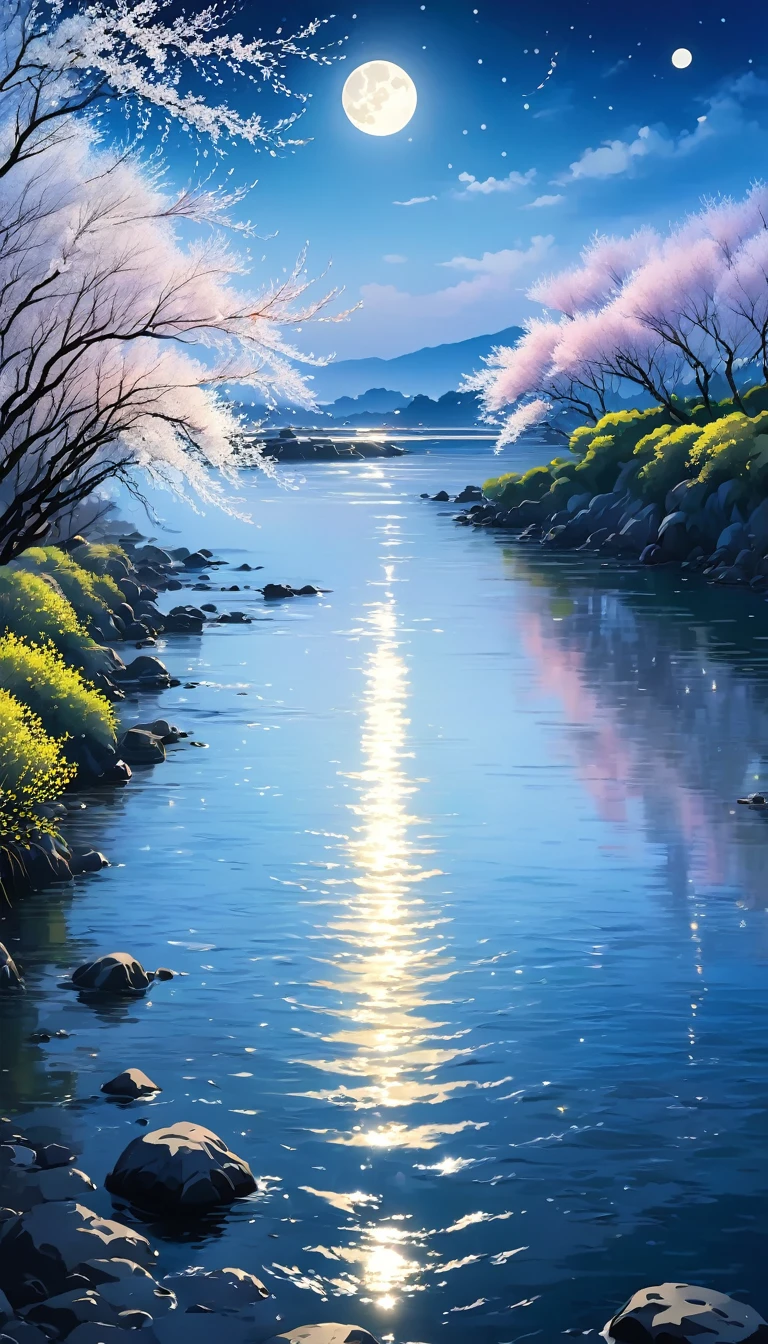 The river in spring connects to the sea，The tide surges calmly，Blending with the sea level。A bright moon rises from the sea level，Lighting up the entire sea，Moonlight and tide complement each other。The willow trees by the river sway in the wind，Willow catkins dancing in the moonlight，Like dreamy snowflakes。The sea breeze is gentle，Bringing fresh sea air，Accompanied by the hum of the tide，Create a peaceful and tranquil atmosphere。At the intersection of the spring river and the sea，The mind is relaxed，All the worries and sorrows slowly recede with the tide，Only tranquility and peace remain。