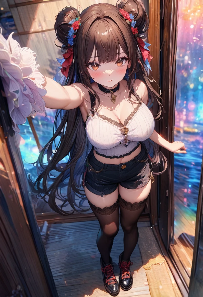 (masterpiece), best quality, very aesthetic, newest, absurdres, detailed, high quality
BREAK
highest quality, top quality, details, highres, ultra fine painting, digital art, official art, cinematic, 4k, 8k resolution, 8K CG wallpaper, CG, original artwork, detailed background, colorful background, blue atmosphere, High Dynamic Range, blurry background, blue hour, Starburst effects, crepuscular rays, good ISO, high resolution, wide shot, from far away, RAW photo, POV, sharp focus, light reflection, reflections, intricate details, soft light, particle noise, professional photography, bokeh, depth of field, natural lighting, vibrant colors, looking away, detailed lights and shadows, stylish, ultra-detailed, top rated on Pixiv, trending on Artstation, niji style, modern-days, master crafted, pose
BREAK
solo, close up shot, from above, 1girl, pale skin, correct fingers, detailed hand, (big breasts:1.2), big thighs, small torso, short body, flushtered, blush, anxious expression, embarassed, embarassed act, casual, slim, ((cute, childlike face):1.3), nice hips, nice body, brown hair, (very long flowing hair), (big 2 buns hairstyle)), long bangs, long hair, middle hair bangs, brown eyes
BREAK
(pink fluffy crop top, shorts, stockings, choker, full body pose)
BREAK
Hanging clothes, folded clothes, walls, changing room, wardrobe