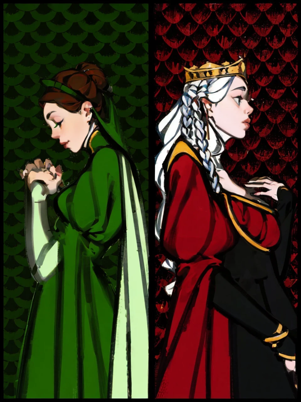 Two women standing back to back