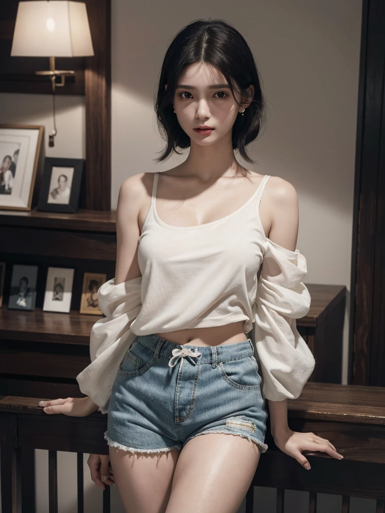 absurdres, RAW photo, extremely delicate and beautiful, masterpiece, Best Quality, ultra high resolution, 32k, hyperrealistic, ultra-detailed, in her 20s, delicate facial features, beautiful detailed girl, tearful mole, earring, medium breasts, full body shot, shorter middle hair, black hair, Joggers Shorts, bare shoulder,