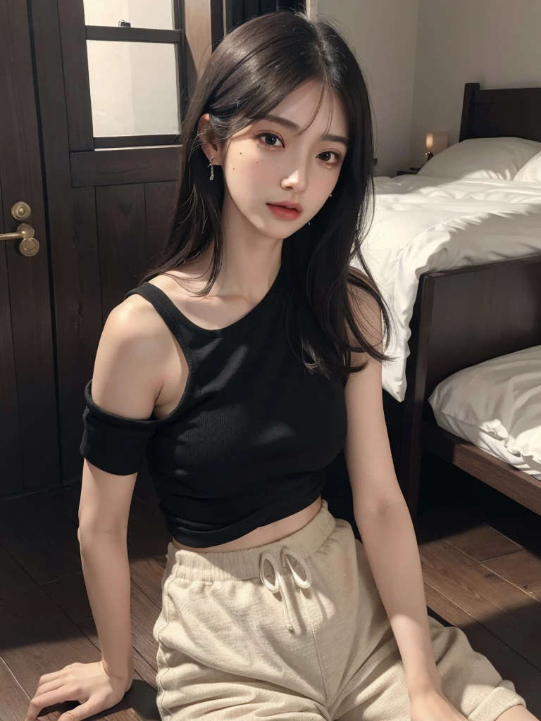 absurdres, RAW photo, extremely delicate and beautiful, masterpiece, Best Quality, ultra high resolution, 32k, hyperrealistic, ultra-detailed, in her 20s, delicate facial features, beautiful detailed girl, tearful mole, earring, medium breasts, full body shot, shorter middle hair, black hair, Joggers Shorts, bare shoulder,