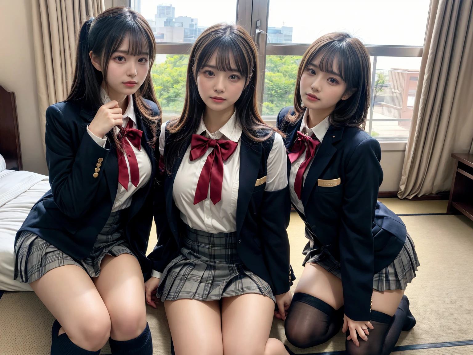 (8K, RAW Photos, Highest quality, masterpiece:1.2), masterpiece, super detailed, super high quality, (Realistic and photorealistic photography:1. 37), High-resolution RAW color photos, Very delicate and beautiful, highly detailed, 8k wallpaper, wonderful, detailed, Very eye, very detailed, very detailed skin, very thin fingers, very detailed nose, very detailed mouth, Perfect Anatomy, BREAK, (2 girls, japanesgirls:1.2), Colossal tits, short bob hair, black hair color, huge breasts, very huge round breasts, Beautiful makeup, glitter makeup, Big Natural Color Lip, perfect body shape, crying a little, beautiful legs, Voluptuous thighs, BREAK, High school girl uniform, blazer, Super Short Check Uniform Skirt, Navy blue high socks, BREAK, The background is a luxury hotel room