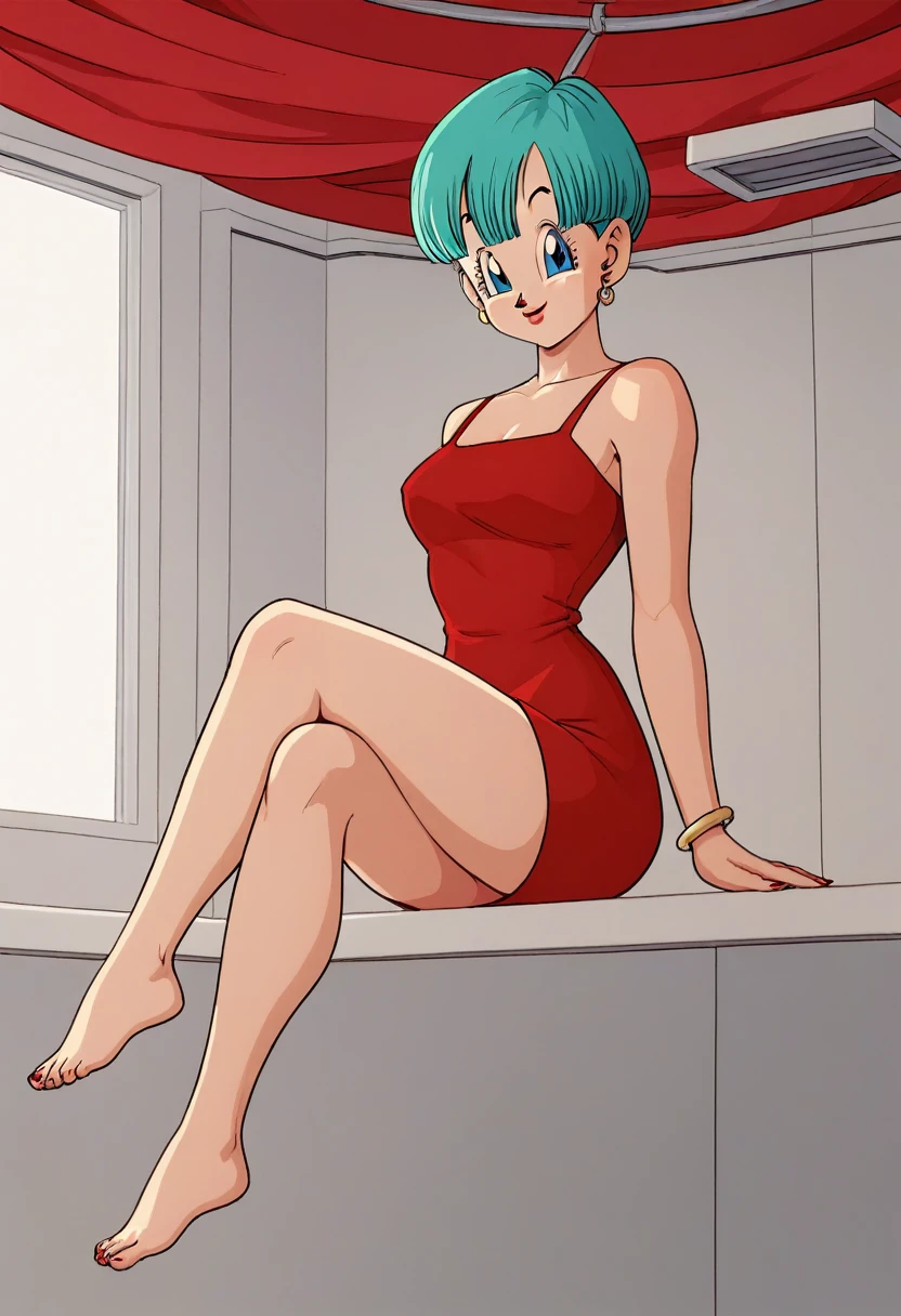 Bulma briefs red dress legs crossed