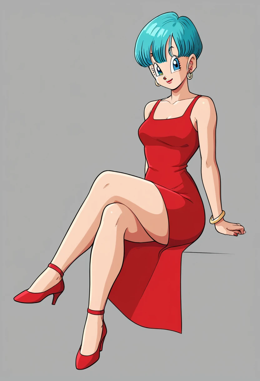 Bulma briefs red dress legs crossed