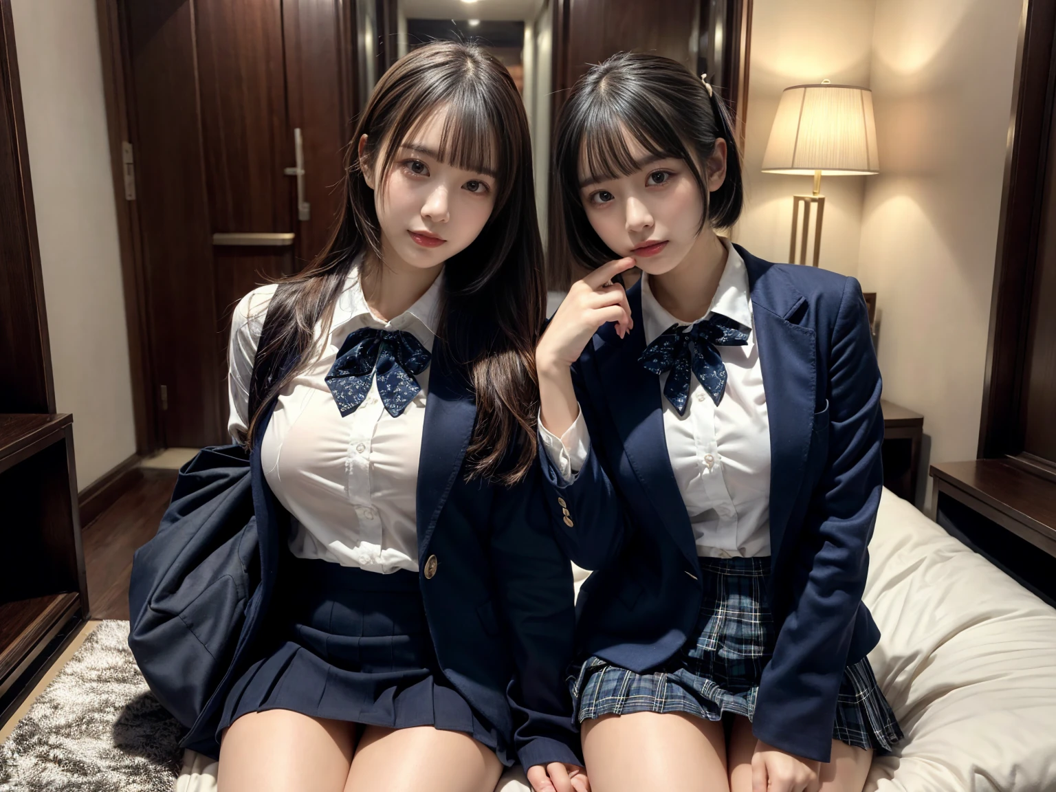 (8K, RAW Photos, Highest quality, masterpiece:1.2), masterpiece, super detailed, super high quality, (Realistic and photorealistic photography:1. 37), High-resolution RAW color photos, Very delicate and beautiful, highly detailed, 8k wallpaper, wonderful, detailed, Very eye, very detailed, very detailed skin, very thin fingers, very detailed nose, very detailed mouth, Perfect Anatomy, BREAK, (2 girls, japanesgirls:1.2), Colossal tits, short bob hair, black hair color, huge breasts, very huge round breasts, Beautiful makeup, glitter makeup, Big Natural Color Lip, perfect body shape, crying a little, beautiful legs, Voluptuous thighs, BREAK, High school girl uniform, blazer, Super Short Check Uniform Skirt, Navy blue high socks, BREAK, The background is a luxury hotel room