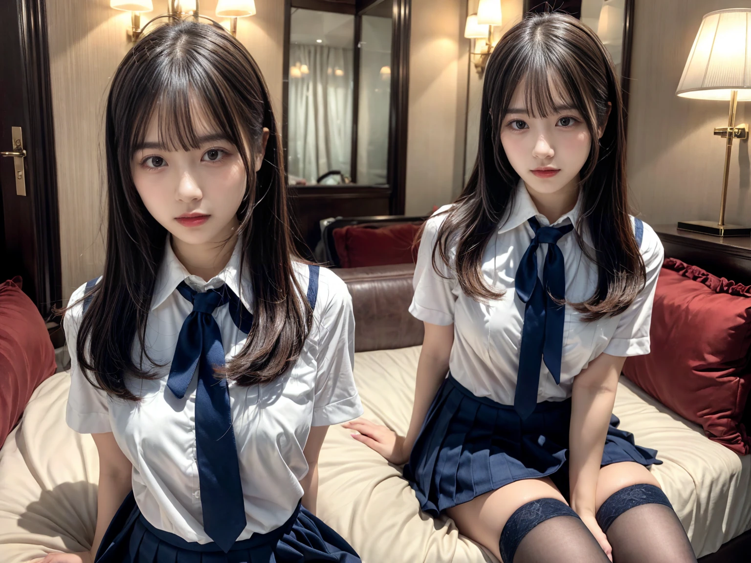 (8K, RAW Photos, Highest quality, masterpiece:1.2), masterpiece, super detailed, super high quality, (Realistic and photorealistic photography:1. 37), High-resolution RAW color photos, Very delicate and beautiful, highly detailed, 8k wallpaper, wonderful, detailed, Very eye, very detailed, very detailed skin, very thin fingers, very detailed nose, very detailed mouth, Perfect Anatomy, BREAK, (2 girls, japanesgirls:1.2), Colossal tits, short bob hair, black hair color, huge breasts, very huge round breasts, Beautiful makeup, glitter makeup, Big Natural Color Lip, perfect body shape, crying a little, beautiful legs, Voluptuous thighs, BREAK, High school girl uniform, blazer, Super Short Check Uniform Skirt, Navy blue high socks, BREAK, The background is a luxury hotel room