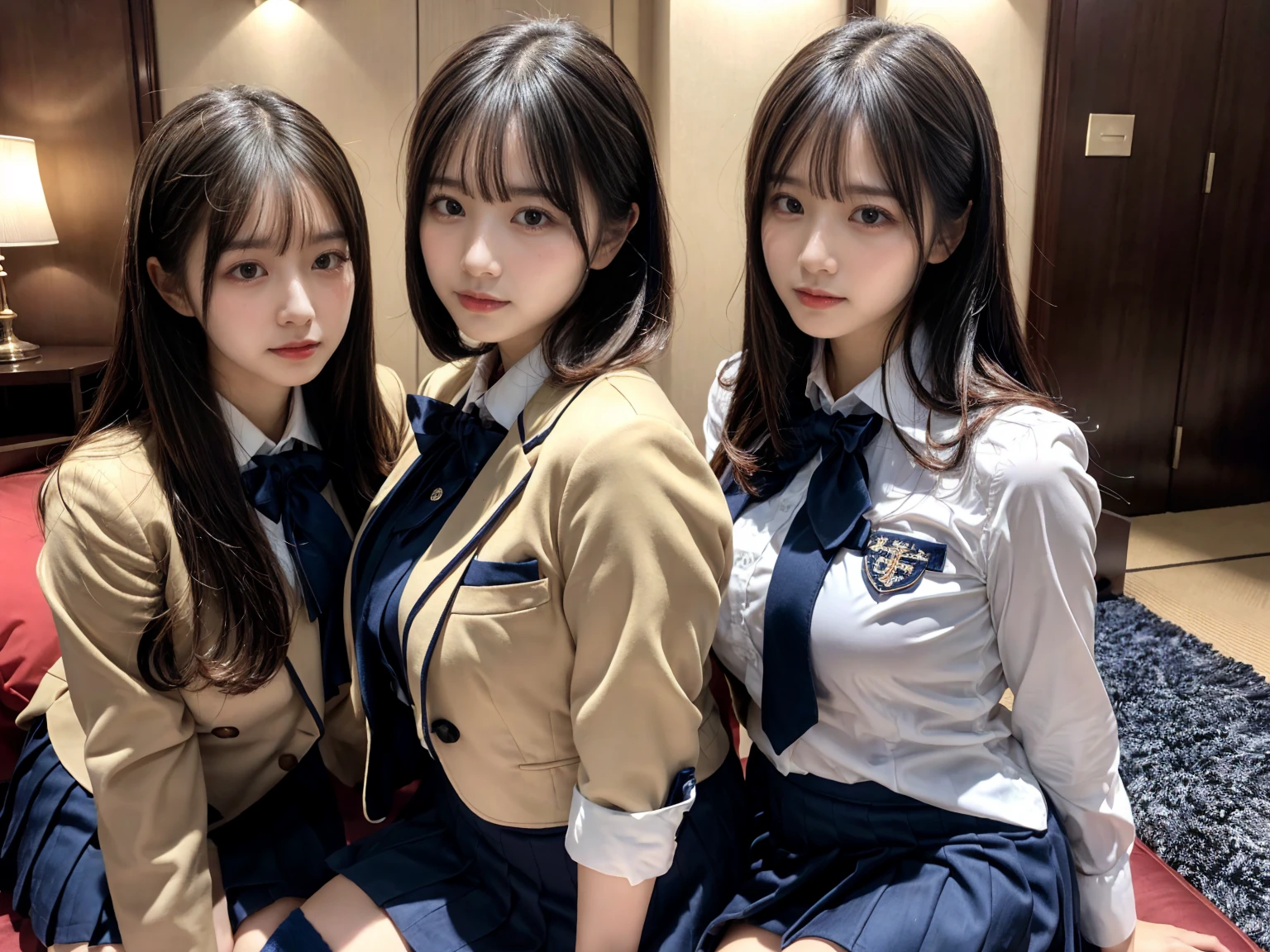 (8K, RAW Photos, Highest quality, masterpiece:1.2), masterpiece, super detailed, super high quality, (Realistic and photorealistic photography:1. 37), High-resolution RAW color photos, Very delicate and beautiful, highly detailed, 8k wallpaper, wonderful, detailed, Very eye, very detailed, very detailed skin, very thin fingers, very detailed nose, very detailed mouth, Perfect Anatomy, BREAK, (2 girls, japanesgirls:1.2), Colossal tits, short bob hair, black hair color, huge breasts, very huge round breasts, Beautiful makeup, glitter makeup, Big Natural Color Lip, perfect body shape, crying a little, beautiful legs, Voluptuous thighs, BREAK, High school girl uniform, blazer, Super Short Check Uniform Skirt, Navy blue high socks, BREAK, The background is a luxury hotel room