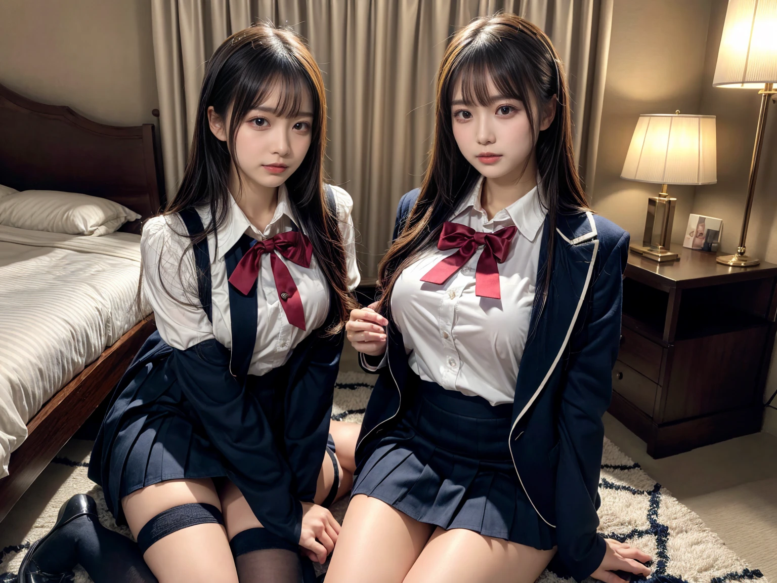 (8K, RAW Photos, Highest quality, masterpiece:1.2), masterpiece, super detailed, super high quality, (Realistic and photorealistic photography:1. 37), High-resolution RAW color photos, Very delicate and beautiful, highly detailed, 8k wallpaper, wonderful, detailed, Very eye, very detailed, very detailed skin, very thin fingers, very detailed nose, very detailed mouth, Perfect ???????, BREAK, (2 girls, japanesgirls:1.2), Colossal tits, short bob hair, black hair color, huge breasts, very huge round breasts, Beautiful makeup, glitter makeup, Big Natural Color Lip, perfect body shape, crying a little, beautiful legs, Voluptuous thighs, BREAK, High school girl uniform, blazer, Super Short Check Uniform Skirt, Navy blue high socks, BREAK, The background is a luxury hotel room