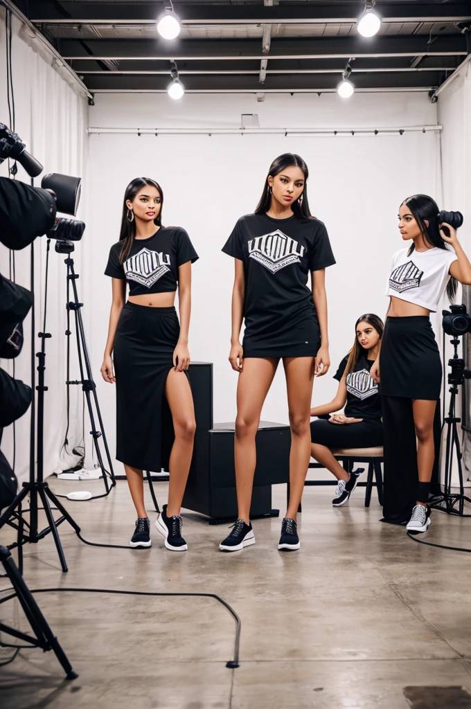 Photography on a modeling agency set with a model in the center wearing premium iconic lifestyle clothing 