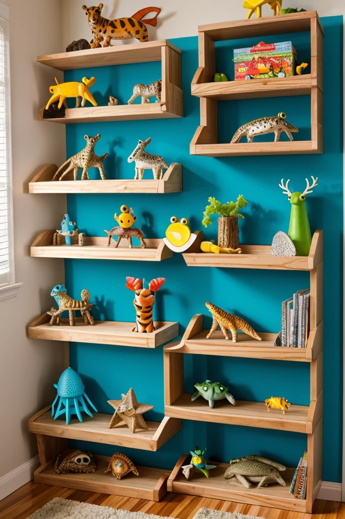 My son has many animal toys, I want to create shelves with recycled material that look like models for your bugs, aquatic animals, wild, from the farm, frogs etc