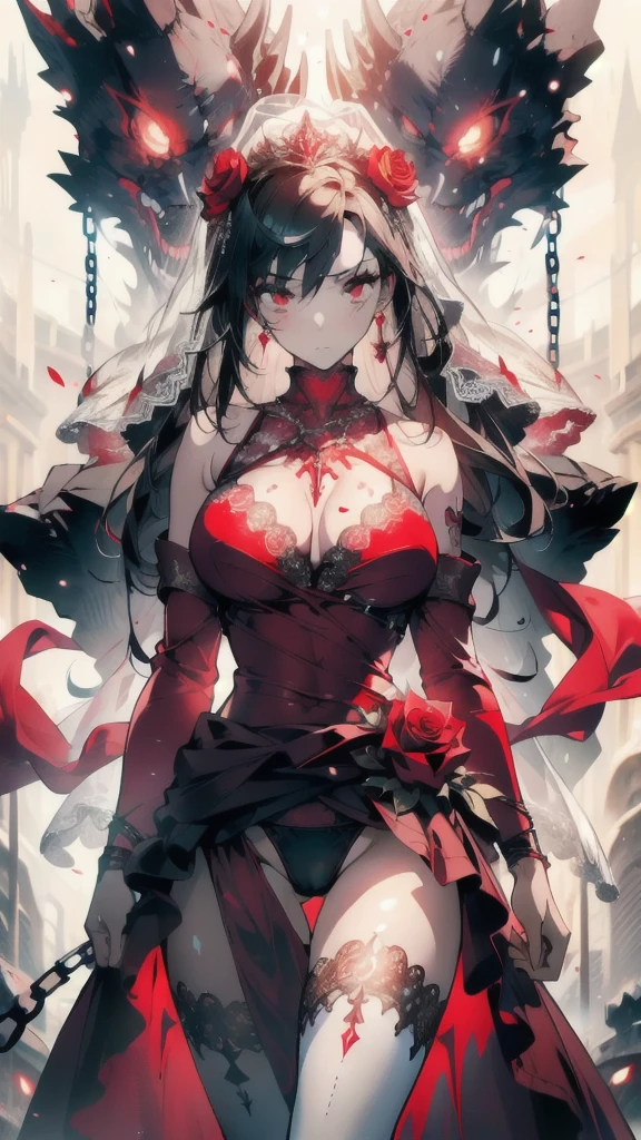 ((masterpiece, best quality)), Epic battlefield atmosphere，Delicate face，bride，whole body，Standing picture，glowing red eyes，Large Breasts，Perfect body proportions，Pure white background，Rose，firefly，Water Ripples，Lace，Transparent sex bikini，Tattoo，chain