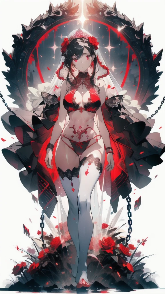 ((masterpiece, best quality)), Epic battlefield atmosphere，Delicate face，bride，whole body，Standing picture，glowing red eyes，Large Breasts，Perfect body proportions，Pure white background，Rose，firefly，Water Ripples，Lace，Transparent sex bikini，Tattoo，chain