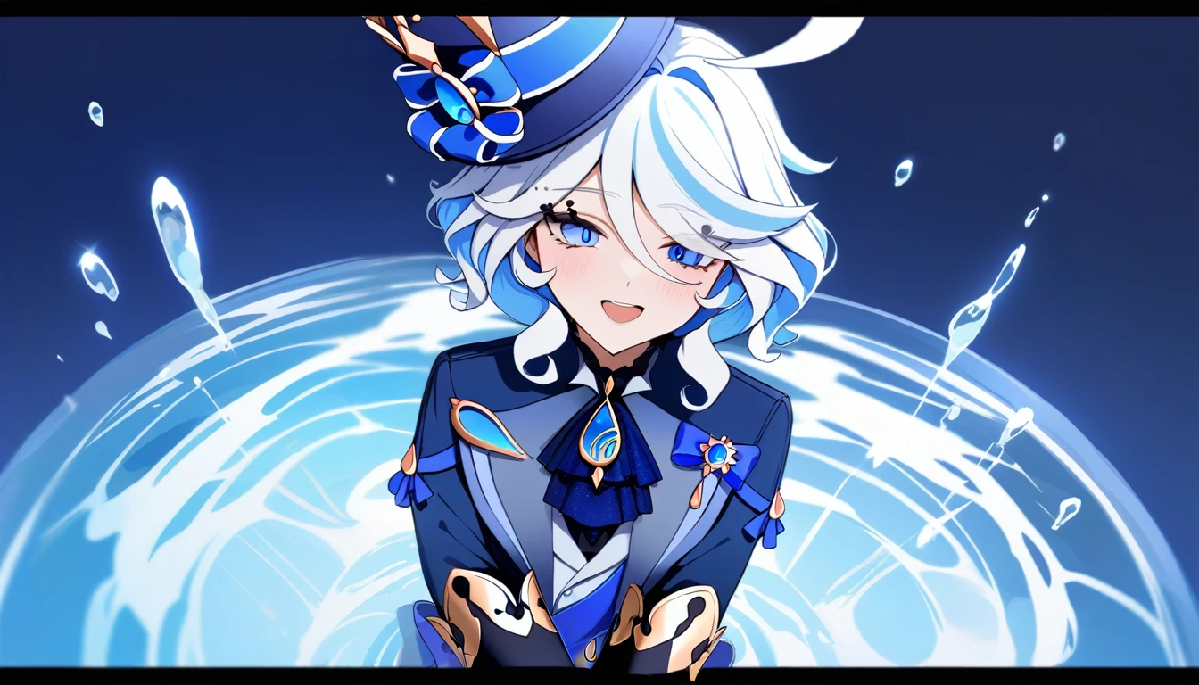 masterpiece,best quality,1girl, furina \(genshin impact\), genshin impact, cowlick, top hat, blue jacket, blue ascot, blue brooch, kodona, simple background, open mouth, blue headwear, streaked hair, upper teeth only, solo, long hair, light blue hair, white background, smile, white hair, ahoge, mismatched gloves, white gloves, long sleeves, hair between eyes, blue gemstone, in a fountain, blue background, water falling, 4k, Masterpiece, Best quality, ((light from above))