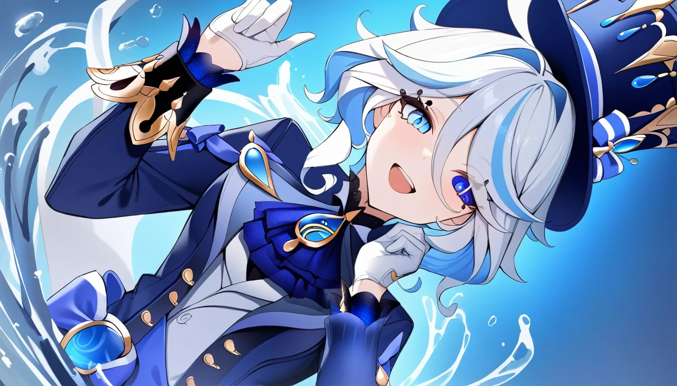 masterpiece,best quality,1girl, furina \(genshin impact\), genshin impact, cowlick, top hat, blue jacket, blue ascot, blue brooch, kodona, simple background, open mouth, blue headwear, streaked hair, upper teeth only, solo, long hair, light blue hair, white background, smile, white hair, ahoge, mismatched gloves, white gloves, long sleeves, hair between eyes, blue gemstone, in a fountain, blue background, water falling, 4k, Masterpiece, Best quality, ((light from above))